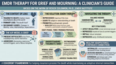 emdr therapy for grief and mourning - Road to Healing Counseling Colorful infographic explaining EMDR therapy for grief, with sections on the context of loss, the AIP model, the EMDR solution, navigating therapy, and healthy adaptation.